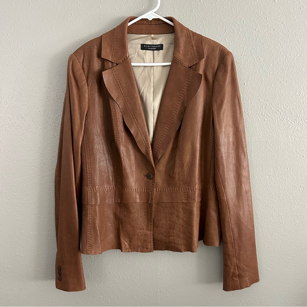 Elie Tahari Re Edition Brown Genuine Leather Blazer Size XL Jacket Soft Buttery - Picture 1 of 10